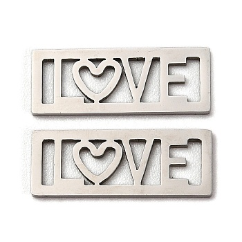 201 Stainless Steel Cabochons, Laser Cut, Rectangle with Word LOVE, Stainless Steel Color, 7.5x20x1mm