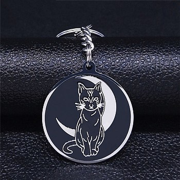 304 Stainless Steel Pendant Keychain, with Enamel, Flat Round with Cat, Stainless Steel Color, 9.15cm