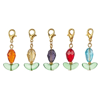 Flower Glass Pendant Decoration, with Golden Tone Alloy Clasp, Mixed Color, 36~37mm
