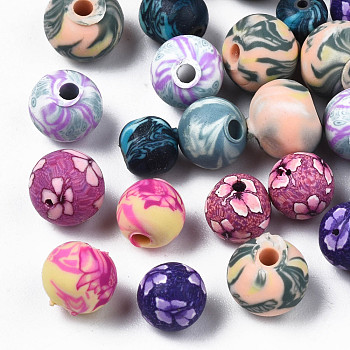 Handmade Polymer Clay Beads, Round with Mixed Pattern, Mixed Color, 5~7x5~6.5mm, Hole: 1.6~2mm