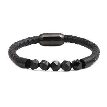 Men's Black Onyx Stone Beaded Bracelet with Magnetic Clasp Leather Weave Jewelry, Black, size 1