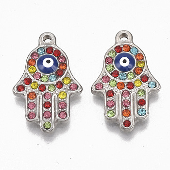 304 Stainless Steel Pendants, with Colorful Rhinestone and Enamel, Hamsa Hand/Hand of Fatima/Hand of Miriam with Evil Eye, Stainless Steel Color, 24x15x3.5mm, Hole: 1.6mm