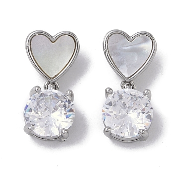 Brass & Shell & Clear Cubic Zirconia Pendants, Flat Round & Heart Charms, Platinum, 19x8x5.5mm, Hole: 2mm