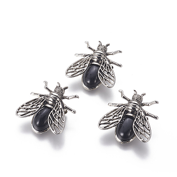 Natural Black Agate Brooches, with Alloy Findings, Cicada, Antique Silver, 38x36x8mm, Pin: 0.6mm