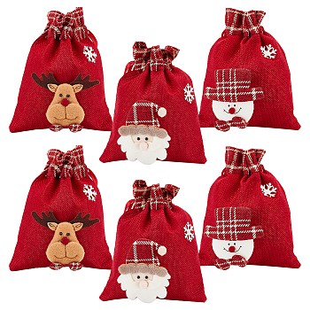 6Pcs 3 Styles Christmas Theme Linen Packing Pouches, with Polyester Cord, Drawstring Bags, for Candy Wrapper Gift Supplies, Red, 18.4x14.1x0.1~0.9cm, 2pcs/style