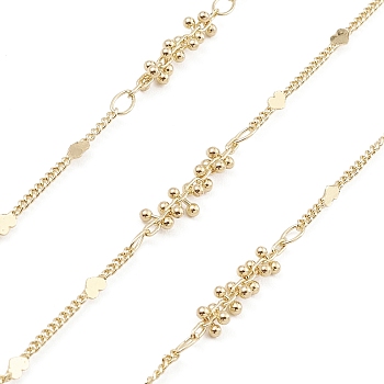 Brass Heart & Beaded Link Chains, Unwelded, with Spool, Real 18K Gold Plated, 1~2x0.8mm