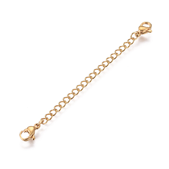 Vacuum Plating 304 Stainless Steel Chain Extender, with Curb Chains and Lobster Claw Clasps, Real 18K Gold Plated, 80x6.5mm, Ring: 4x3x0.6mm, Clasp: 10.5x6.5x3.5mm
