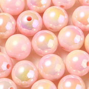 UV Plating Rainbow Iridescent Acrylic Beads, Round, Pink, 16x15mm, Hole: 3mm