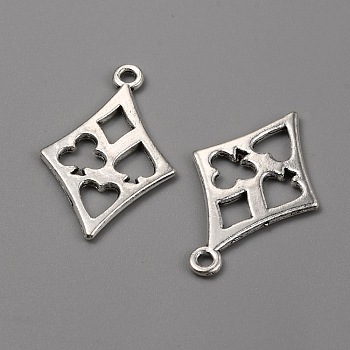 Tibetan Style Alloy Pendants, Rhombus with Spade/Club/Heart/Diamond Charms, Antique Silver, 27x17x1.5mm, Hole: 1.6mm