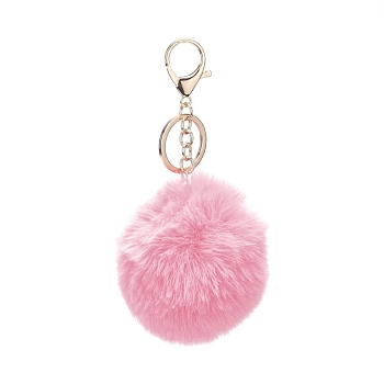 Pom Pom Ball Keychain, with Alloy Lobster Claw Clasps and Iron Key Ring, for Bag Decoration,  Keychain Gift and Phone Backpack , Light Gold, Pink, 138mm