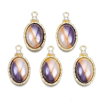 Rack Plating Alloy Pendants, with Porcelain and ABS Plastic Imitation Pearl, Long-Lasting Plated, Golden, Cadmium Free & Lead Free, Oval, Purple, 23.5x13x5.5mm, Hole: 2mm