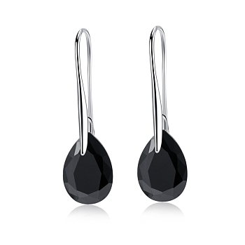 Platinum Tone Stainless Steel Dangle Earrings, with Cubic Zirconia, Black, 35x10mm