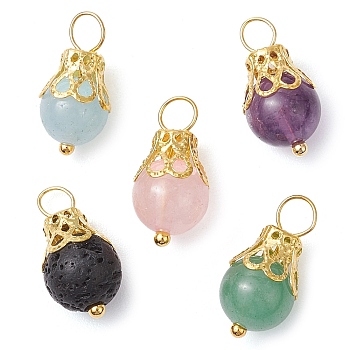 Natural Green Aventurine/Amethyst/Rose Quartz/Lava Rock/Quartz Round Pendants, with Iron Findings, Golden, 17x8.5mm, Hole: 3mm