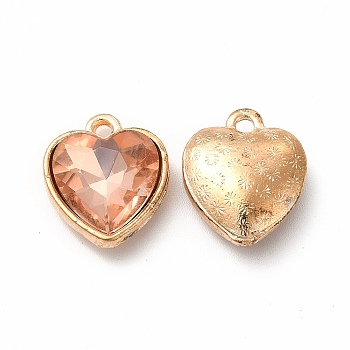 Faceted Glass Rhinestone Pendants, with Golden Tone Zinc Alloy Findings, Heart Charms, Sandy Brown, 16.5x14x6.5mm, Hole: 1.6mm