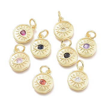 Brass Micro Pave Cubic Zirconia Pendants, with Jump Ring, Flat Round with Eye, Real 18K Gold Plated, Mixed Color, 12x10x2mm, Jump Rings: 5x0.8mm, Inner Diameter: 3mm
