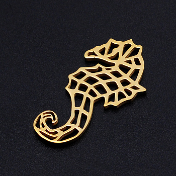 201 Stainless Steel Filigree Joiners Links, Laser Cut, Sea Horse, Golden, 26.5x14x1mm