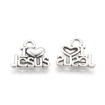 Tibetan Style Alloy Pendants, For Easter, Holy Charms(I Love Jesus), Cadmium Free & Lead Free, Heart, Antique Silver, 13x15x2mm, Hole: 3mm