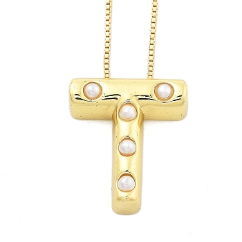 Brass & Plastic Pearl Letter Pendant Box Chain Necklaces for Women, Real 18K Gold Plated, Letter T, 17.64 inch(44.8cm)