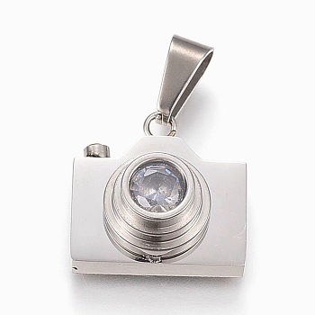 304 Stainless Steel Cubic Zirconia Pendants, Camera, Stainless Steel Color, 19.5x19.5x10mm, Hole: 5x10mm