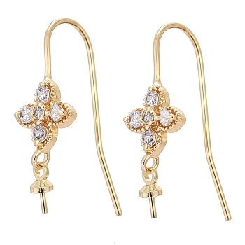 Brass Micro Pave Cubic Zirconia Earring Hooks, for Half Drilled Beads, Long-Lasting Plated, Flower, Clear, Real 18K Gold Plated, 25mm, 21 Gauge, Pin: 0.7mm