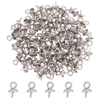 304 Stainless Steel Cup Pearl Peg Bails Pin Pendants, For Half Drilled Beads, Stainless Steel Color, 7x4mm, 100pcs/box