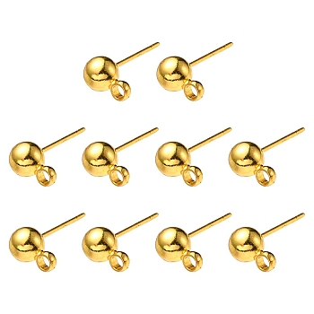 Brass Ball Post Ear Studs, with Loop & 304 Stainless Steel Pins, Golden, 15.2~15.7x5mm, Hole: 1mm, Pin: 0.7mm