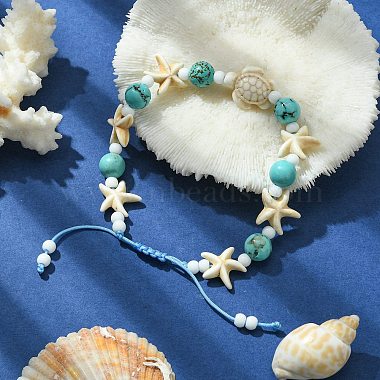 Turtle & Starfish & Round Synthetic Green Turquoise Braided Beaded Bracelets(BJEW-TA00363)-4