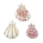 Natural Scallop Shell Pendants, Shell Shape Charms with Brass Crystal AB Rhinestone Findings, Silver Color Plated, Seashell Color, 37~46x27.5~37x5~7mm(PALLOY-TA00415)