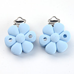Food Grade Eco-Friendly Silicone Baby Pacifier Clips, with 304 Stainless Steel Clips, Flower, Stainless Steel Color, Light Sky Blue, 52x40x23mm, Hole: 4x12.5mm and 5mm(SIL-S003-04A)