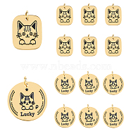 DICOSMETIC 12Pcs 2 Style 316 Surgical Stainless Steel Charms, with Jump Rings and Enamel, Flat Round & Rectangle with Cat, Black, Golden, 12~15x10~15x0.8mm, Hole: 2.8mm, 6pcs/style (STAS-DC0011-43)