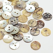 2-Hole Flat Round Mother of Pearl Buttons, Akoya Shell Button, Akoya Shell Button, Tan, 10x1mm, Hole: 1.5mm(X-SHEL-N033-06-10mm)