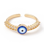 Blue Enamel Evil Eye Open Cuff Ring with Clear Cubic Zirconia, Brass Jewelry for Women, Lead Free & Cadmium Free, Real 18K Gold Plated, US Size 6 1/2(16.9mm)(KK-E005-03G)