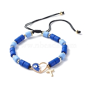 Adjustable Nylon Thread Charm Bracelets, with  Handmade Polymer Clay Beads, Alloy Enamel Heart Link, Brass Cross Charm, Blue, 1/4 inch(0.6cm), Inner Diameter: 2-1/8~4-1/8 inch(5.5~10.5cm)(BJEW-JB06485)