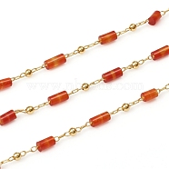 3.28 Feet Handmade Natural Carnelian Beaded Chains, Real 18K Gold Plated Plated Brass Chains, Soldered, Long-Lasting Plated, 4~5x2~2.5mm, Beads: 2mm, Link: 2x1x0.2mm and 2x1.5x0.2mm(X-CHC-E021-01H)