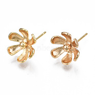 Brass Earring Findings, Nickel Free, Flower, Real 18K Gold Plated, 12x11mm, Hole: 1mm, Pin: 0.7mm(KK-S356-362-NF)