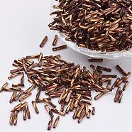 Glass Twisted Bugle Beads, Metallic Colours,Camel, 9x2mm, Hole: 0.5mm, about 7000pcs/bag(SEED-E002-9mm-881#)