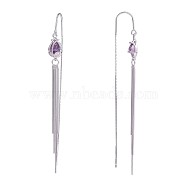Cubic Zirconia Tulip with Chain Tassel Dangle Earrings, Rhodium Plated 925 Sterling Silver Long Drop Ear Thread for Women, Platinum, 82x7.8mm, Pin: 0.8mm(JE1049A)