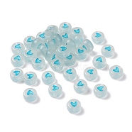 Luminous Acrylic Beads, Glow in the Dark, Flat Round with Heart, Turquoise, 7x3.5mm, Hole: 1.2mm, about 3600pcs/500g(MACR-S273-39E)