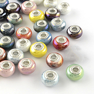 Rondelle AB-Color Handmade Porcelain European Beads, with Silver Color Plated Brass Cores, Large Hole Beads, Mixed Color, 14~16x9~10mm, Hole: 5mm(PORC-R042-M3)