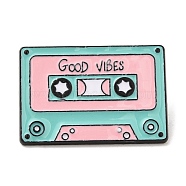 Cassette with Word Good Vibes Enamel Pins, Electrophoresis Black Plated Alloy Brooch, Turquoise, 20.5x29.5x1.5mm(JEWB-I025-02C)