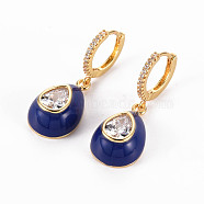 Brass Micro Pave Clear Cubic Zirconia Huggie Hoop Earrings, with Enamel, Nickel Free, Teardrop, Golden, Dark Blue, 33mm, Pin: 1mm(EJEW-T046-41A-NF)