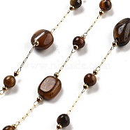 Handmade Nuggets Natural Tiger Eye Beaded Chains, with Ion Plating(IP) 304 Stainless Steel Paperclip Chains, Unwelded, Real 18K Gold Plated, 2.2x1x0.5mm(CHS-P019-06G-A)