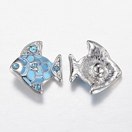 Alloy Rhinestone Snap Buttons, Jewelry Buttons, Enamel Style, Fish, Platinum, Light Sky Blue, 18x21x7mm(X-SNAP-R029-03P)