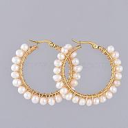 304 Stainless Steel Hoop Earrings, with Natural Cultured Freshwater Pearl, Copper Wire, Golden, 44x6mm, Pin: 0.6x1mm(EJEW-JE03836)