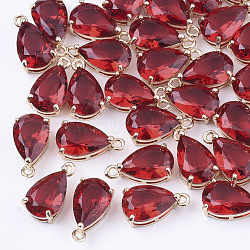 Transparent Glass Charms, with Brass Findings, Faceted, Teardrop, Light Gold, Red, 15x8x6mm, Hole: 1.2mm(GLAA-T007-11E)