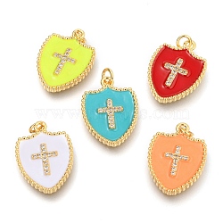 Brass Micro Pave Clear Cubic Zirconia Pendants, Long-Lasting Plated, with Jump Rings & Enamel, Real 18K Gold Plated, Shield with Cross, Mixed Color, 19.5x14x2mm, Hole: 3mm(ZIRC-B0004-03G)