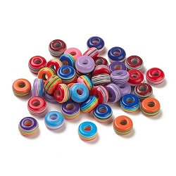100Pcs Rainbow Striped Resin European Beads, Large Hole Beads, Mixed Color, Flat Round, 14x7.5mm, Hole: 5.5mm(RESI-D051-01A)