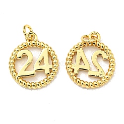 Rack Plating Brass Pendants, with Jump Ring, Lead Free & Cadmium Free, Long-Lasting Plated, Flat Round with Number 24 Charm, Real 18K Gold Plated, 14x12x2mm, Hole: 2.6mm(KK-D026-07G)