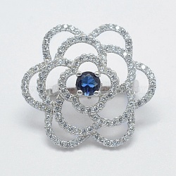 925 Sterling Silver Twister Clasps, with Cubic Zirconia, Carved with 925, Flower, Marine Blue, Platinum, 26.5x2mm, Hole: 7x13mm(STER-E056-031P)