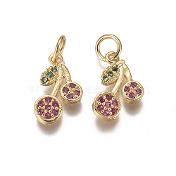 Brass Micro Pave Cubic Zirconia Charms, with Jump Rings, Cherry, Magenta & Green, Golden, 12x7x1.5mm, Hole: 3mm(ZIRC-I038-13G)